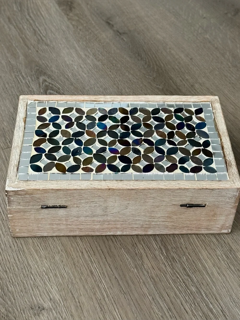 Vintage Handmade Wooden Trinket Box with Mosaic Tile Inlay and Lock